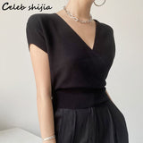 Chic Knit Tops Women 2022 Summer Korean Fashion V Neck Elegant Sweater Short Sleeve Business Cropped Tops Korean