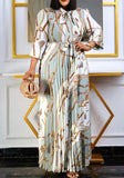 Vintage Bow Full Sleeves Chain Print Belted Maxi Pleated Plus Size Long