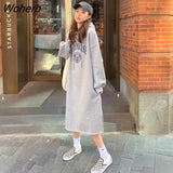 Women Hooded Long Sleeve Dress Letter Printed Aesthetic Loose Mid Calf Dresses Elegant Cool L-5XL Korean Fashion Warm Vestidos-Outfit