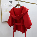 Women Woolen Coat Solid Color Hooded Waist Strap Female