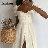 Solid Button Midi Holiday Dress Women Sexy Party Club Bodycon Strapless High Split Dresses Spring Autumn Casual