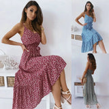 2020 Summer New Fashion Sexy Spaghetti Straps Backless V Neck Women's Dress Casual Belt Floral Print Ladies Long