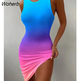 Women Ombre Ruched Bodycon Tank Dress 2022 New Femme Ribbed Skinny Round Neck Asymmetry Mini Dress Lady Outfits Vestidos-Outfit