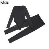Kliou Solid Concise Two Piece Set Women Skinny Bodycon-shaping Crew Neck Bodysuit+High Waist Slim Sporty Leggings