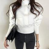 Chic Zipper Woolen Sweater Woman Autumn Stand Collar Gray Long-sleeve Warm Knitting Jumper Woman Fall Slim Waist