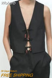 2023 Women Summer Vests Coats Casual Vintage Solid Beading V-Neck Female Elegant Street Waistcoat Vest Clothing-Outfit