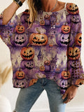 Summer And Autumn Four-Four Words Collared Linguum Bat Pumpkin Bat Halloween Print Long-Sleeved Lady