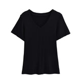Trend Women's Wear Pure Wind Summer Drooping Feeling Shoulder Waist V-Collar Short Sleeves Thin T-Shirt Plain Color Simple Blouse-Outfit