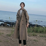 Style Ladies Trench Coat Plaid Long Double Breasted Belted Oversize Loose Women Duster Coat Outerwear with Storm