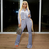 Kliou Solid Velour Two Piece Set Women Simple Casual Zipper Long Sleeve Turtleneck Top+Bandage Lace Slim Female Wide Leg