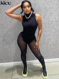 Kliou Solid Concise Two Piece Set Women Skinny Mock Neck Sleeveless Bodysuits+ Mesh See Through Leggings Acctivewear Female