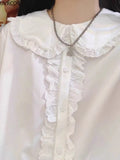 White Lolita Style Blouses Women Kawaii Rabbit Ears Peter Pan Collar Shirts Girly Victorian Cute Ruffles Long Sleeve Tops-Outfit