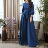Casual Lantern Sleeve O-Neck Sashes High Waist Floor-Length Dress Woman Solid Elegant Party A-Line Dress 2022 New