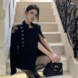 Fashion Design Double Breasted Black Women Coat New Autumn Winter outerwear Long sleeve Tops Street Temperament Jacket-Outfit