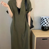 Woherb Size 300 Catties Fat Mm French Hepburn Wind Zipper Dress Female Loose Show Thin Cover Belly Casual Long Skirt 2-Outfit