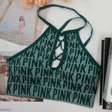 Sexy Hollow Out Women Crop Tops Energy Sports Bra Pad High Impact Tanks Fashion Letter Knitted Female Camis Fitness