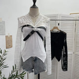 Shooting Babes V-Neck Lace Lace Splicing Belt Long Sleeve Design Irregular Short Bottom Top