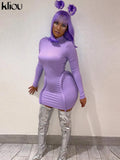 Kliou Knitted Stitching Mini Dress Women Hipster Skinny Three-Dimensional Decoration Bodycon Long Sleeve Turtleneck