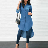 Autumn Women Denim Shirt Style Dress Homewear Casual Button Solid Long Sleeve V-neck Tops Dress 2020 Trend