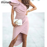 Women Plain One Shoulder Ruffles Slit Ruched Dress 2022 Femme Elegant Asymmetric Midi Robe Lady Prom Clothing traf Vestidos-Outfit