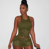 Hole Active Women Set Short Sleeve T-shirt and Shorts Set Sport Tracksuit Two Piece Set Fitness Outfit Ribbed Sweatsuit-Outfit