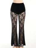 Gothic Black Lace Mesh Flared Pants Sexy Haraiuku Aesthetic See Through Long Trousers Vintage Women Summer Pants Streetwear-Outfit