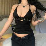 Woherb 2024 Sexy Day Word Button V Neck Low Chest Hanging Neck Tight Navel Bottom Small Vest Top-Outfit