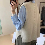 Woherb Shot V-Neck Head Pure Color Knit Vest Women Spring 2024 New Korean Version Soft Waxy Loose Fold Wear Vest Women-Outfit
