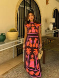 Women Vintage Print High Waist Slit Skirt Suit Elegant O-neck Short Sleeves Cropped Top Set 2024 New Summer Lady Chic Streetwear-Outfit