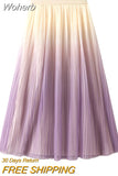 Women Elastic Waist Gradient Pleated Midi Skirt Elegant Reversible Wearable A-line Skirt for Summer Spring QT2102-Outfit