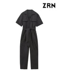 Women Fashion With Belt Front Zipper Jumpsuits Vintage Short Sleeve Side Pockets Female Playsuits Mujer-Outfit