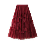 Vintage Cake Mesh Tulle Skirt Women Patchwork Midi Long Guaze Skirts QT1569-Outfit