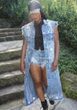 Spring Casual Blue Sleeveless Ripped Long Jeans