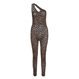 Kliou Flocking Mesh Jumpsuit Inclined Shoulder Leopard Style Patchwork One Piece Clothing Sexy Midnight Clubwear Female