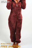 Women Overall Homewear Warm Fleece Hooded High Waist Autumn Winter Solid Color Jumpsuit Pants Jumpsuits Pajama-Outfit