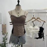 Shooting Babes V-Neck Lace Lace Splicing Belt Long Sleeve Design Irregular Short Bottom Top