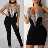 Sexy Women Lady Sequin Jumpsuit Romper Bodycon Backless Clubwear Party Long Pant Trouser Black Tassels Dress