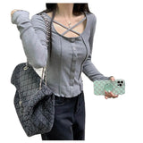 Woherb Girl Heart Machine Collarbone Show Thin Short Style Student Jacket Female 2024 Autumn Dress New Slim Pit Strip Long-Sleeved T-Shirt Female-Outfit