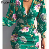 Women Floral Print Bodycon Ruched Dress 2023 Femme Casual Puff Sleeve V Neck Mini Skinny Robe Office Lady Outfits y2k-Outfit