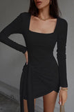 Long Sleeve U Square Neck Irregular Slim Solid Color Mini Club