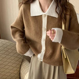 Woherb Fashion Women's Top 2024 Polo Collar Color Long Sleeve Loose Knit Cardigan Coat Tide-Outfit