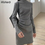 Women Turtleneck Dress Autumn Winter Long Sleeve Bottoming Slender Dresses Elegant Ladies Folds Fashion Solid Simple Vestidos OL-Outfit
