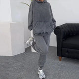 Woherb New Fall / Winter 2023 Solid Color Round Collar Lazy Long-Sleeved Hoodie Casual Sweatpants Suit-Outfit