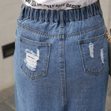 Women Summer Autumn Oversize Mid-length Denim A-line Skirt Casual Vintage Hole Tassel Long Skirt QT1844-Outfit
