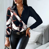 Women Fashion Shirt Lady Long Sleeve Blouse Turn-down CollarButton Design Print Casual