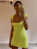 Puss New Hollow Mini Dress Women Solid Square Collar Short Sleeve Backless Elastic Skinny Bodycon Casual Vacation