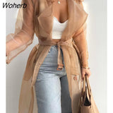 Women Sheer Mesh Long Sleeve Buttoned Coat With Belt 2022 Femme Casual Long Sleeve Elegant Garb Office Lady Outfits y2k-Outfit