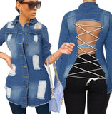 Winter Casual Blue Ripped Bandage Long Sleeve Jeans