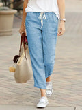 2022 Spring New Trousers Solid Color Cotton Linen Style Loose Casual Plus Size Drawstring Elastic Women