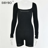 Ribbed Square Collar Sexy Rompers Womens Jumpsuit Black Long Sleeve Skinny Playsuit 2022 Fall Lucky Label Jumpsuits
